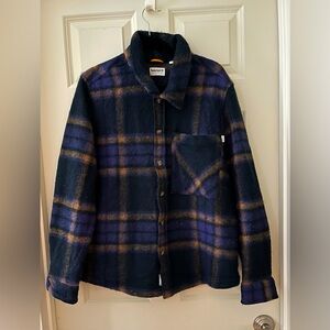 Timberland Check Fleece Overshirt in dark blue, tan, black, &  purple wool XL